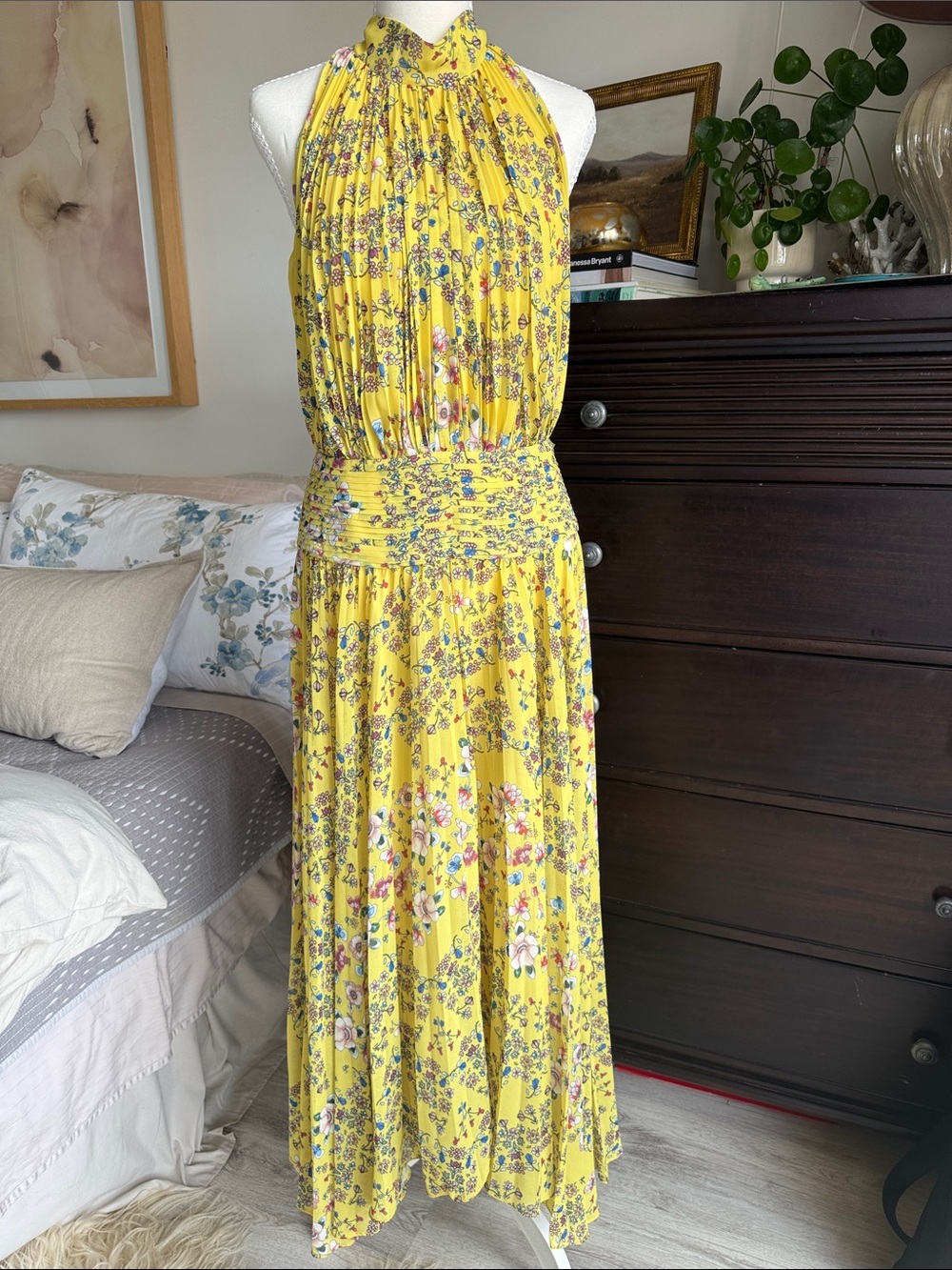 AMUR Yellow Floral Halter Maxi Dress